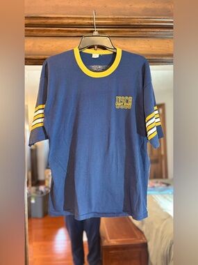 USCG vintage Blue Ringer Tee with Yellow Trim and Sleeve Stripes L